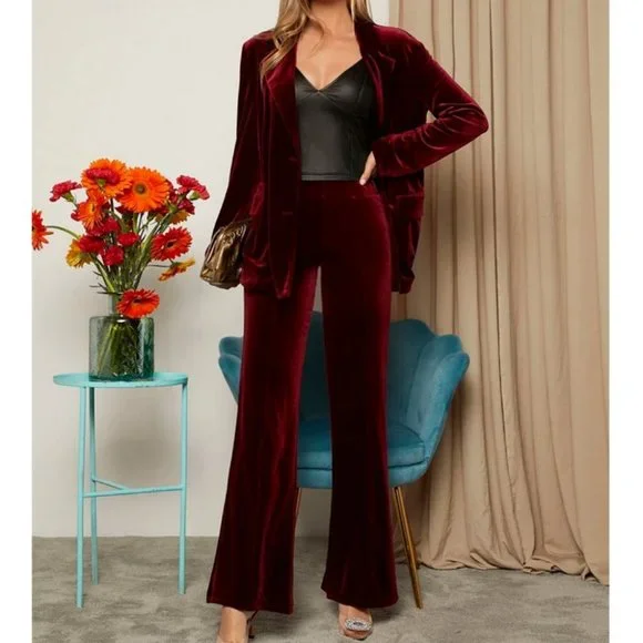 Velvet wide legged Pants Classy Contemporary Burgundy Maroon - Picture 2 of 7
